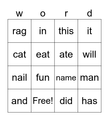 key word Bingo Card