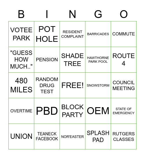 NO WORK ZONE Bingo Card