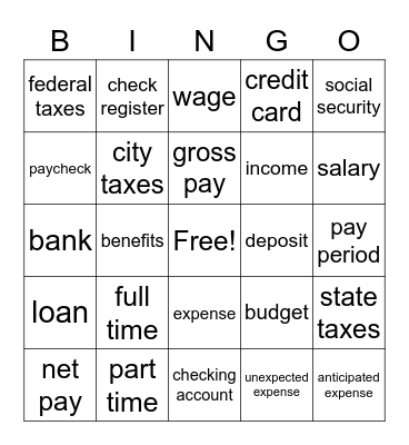 Working and Managing Your Money Bingo Card