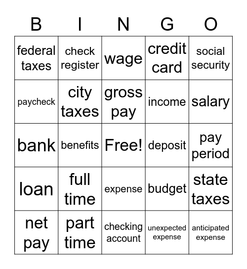 Working and Managing Your Money Bingo Card