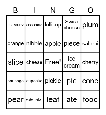 Hungry Caterpillar Food Words Bingo Card