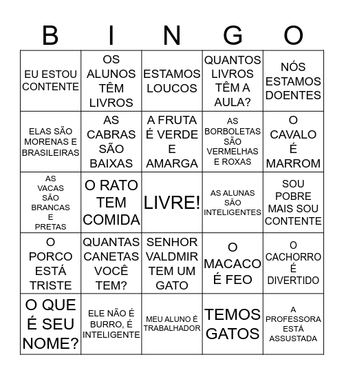 Bingo review of Portuguese 1A Bingo Card