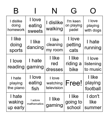 Likes and dislikes Bingo Card