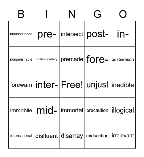 "NOT" & "POSITION" Family Prefixes Bingo Card
