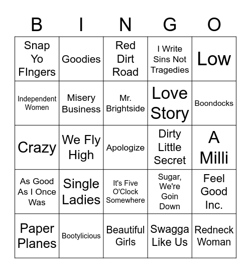 2000's Hits Bingo Card