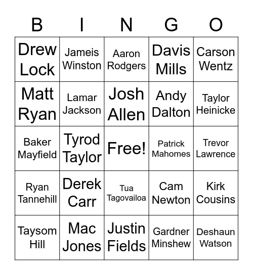 2021 NFL QBs Bingo Card