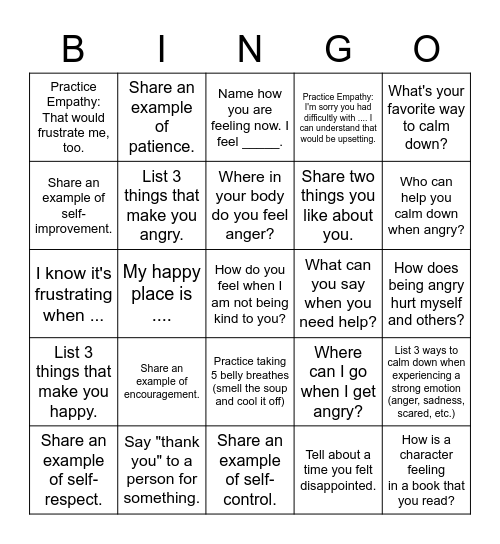 Emotion/Empathy Bingo Card