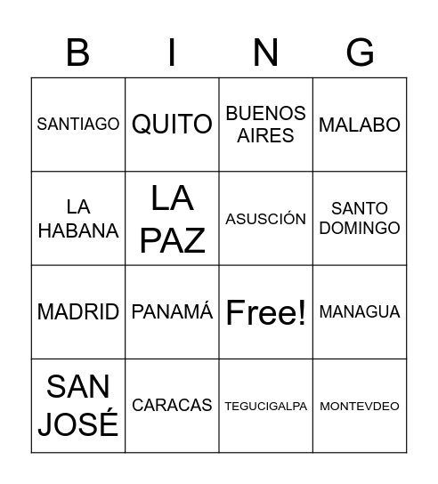 Los países hispanos y sus capitales Bingo Card