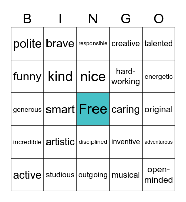 Adjectives Bingo Card