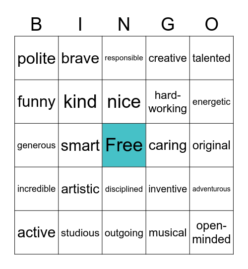 Adjectives Bingo Card