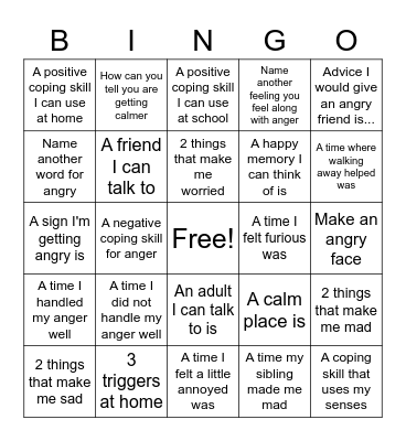 Anger Bingo Card