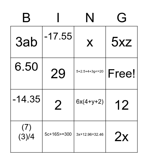 Q2 progress check algebra 6th grade Bingo Card