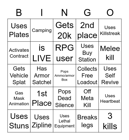 Warzone Bingo Solos Bingo Card
