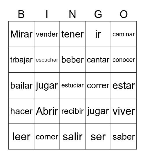 verbos Bingo Card