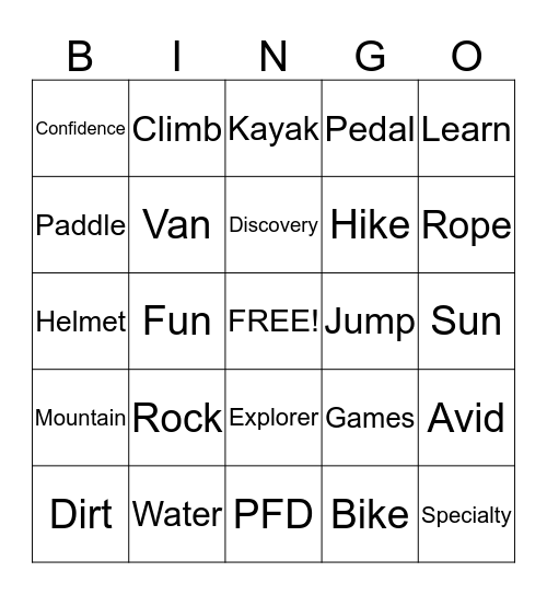 Avid 4 Adventure Bingo Card