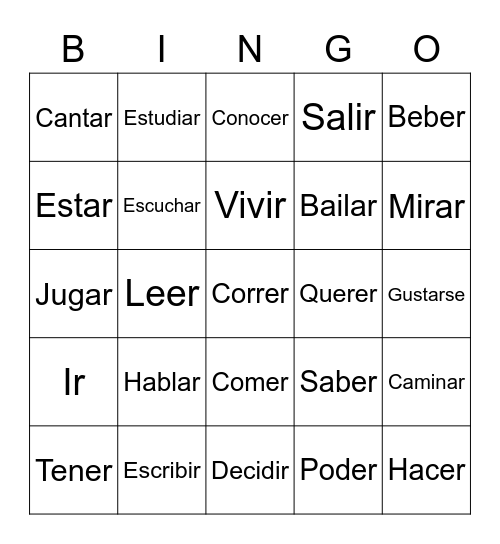 Verbos Bingo Card
