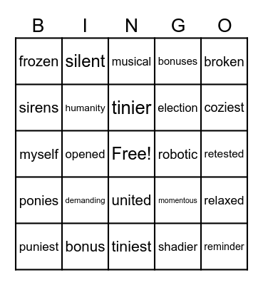 Tiger Words Bingo Card