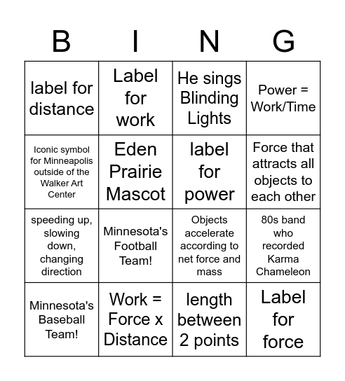 Basic Work and Power Bingo Card