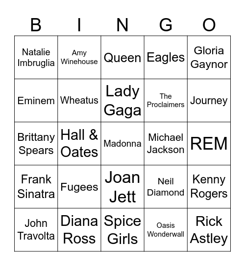 Popular Karaoke Bingo Card