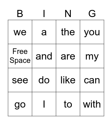 Kindergarten Sight Words Bingo Card