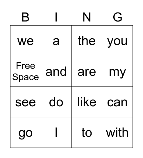 Kindergarten Sight Words Bingo Card