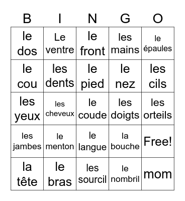 French Body Parts Bingo Card