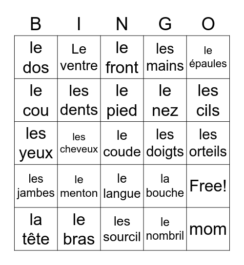 French Body Parts Bingo Card