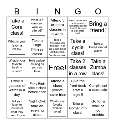 Southrac Group Fitness Bingo Card