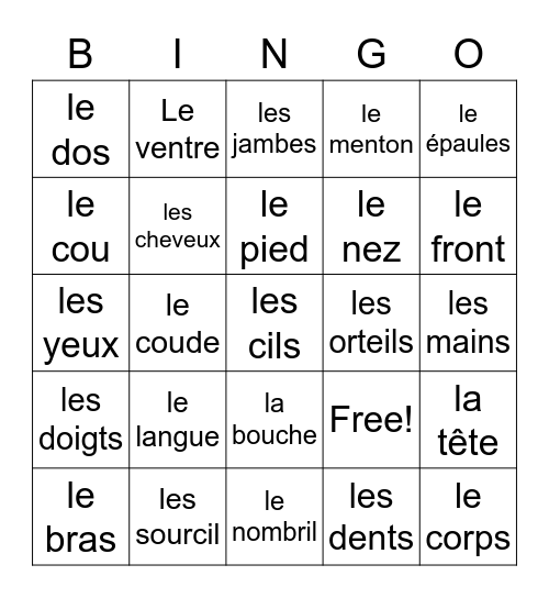 French Body Parts Bingo Card