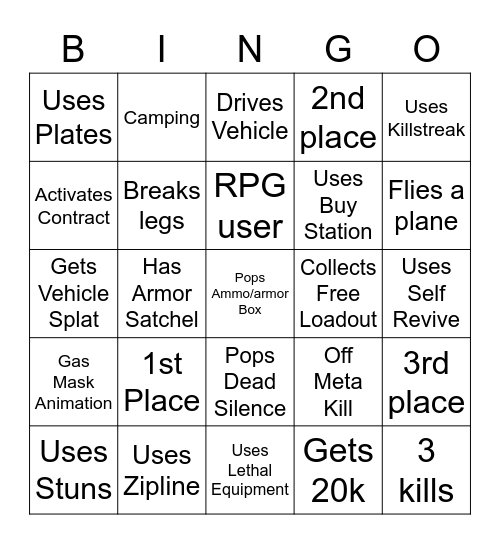 Warzone Bingo Solos Bingo Card