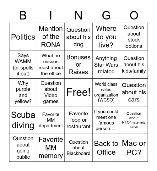 Ask me Anything BINGO Card