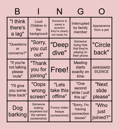 Virtual Meeting Bingo Card