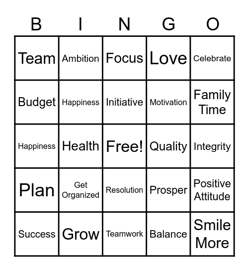 New Year Resolution Bingo Card