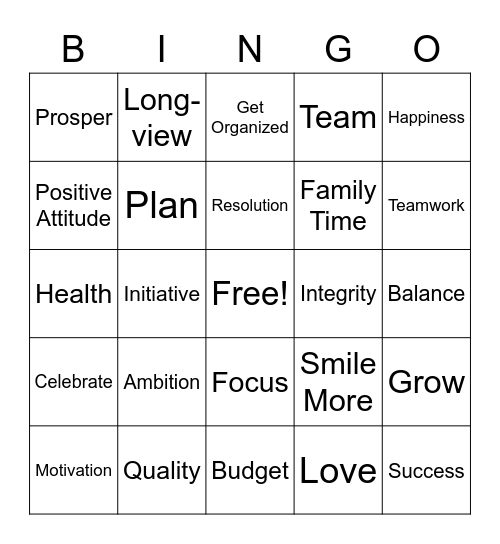 New Year Resolution Bingo Card