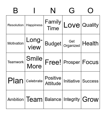 New Year Resolution Bingo Card