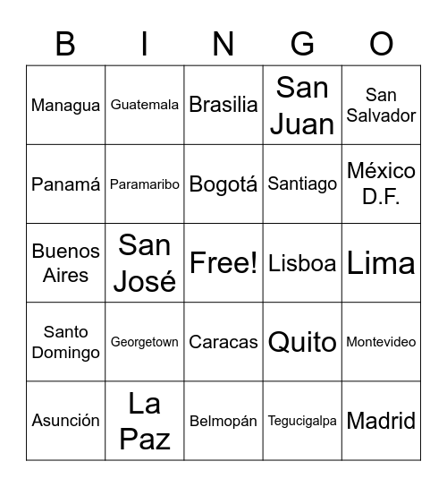 Capitales Bingo Card