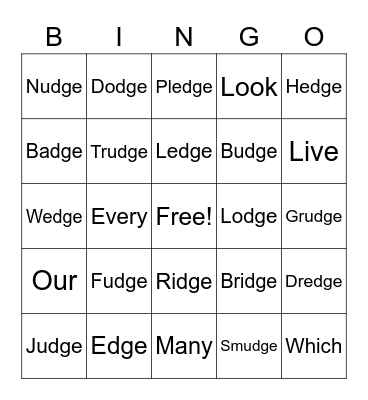 -dge Words Bingo Card