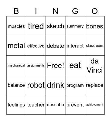 English 3D Robo-Teacher Bingo Card