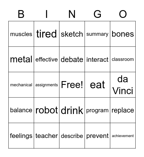 English 3D Robo-Teacher Bingo Card