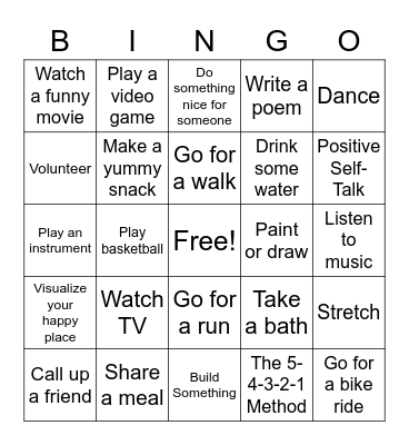 Coping Skills Bingo Card