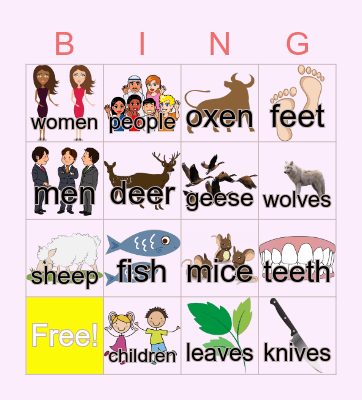 Irregular plural nouns Bingo Card