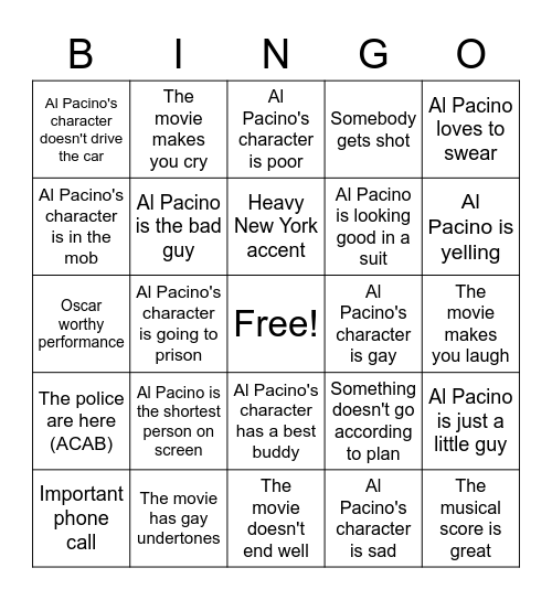 (70s) Al Pacino bingo Card