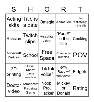 YouTube Shorts Bingo Card