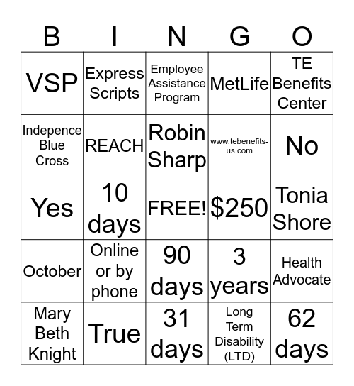 TE Benefits  Bingo Card