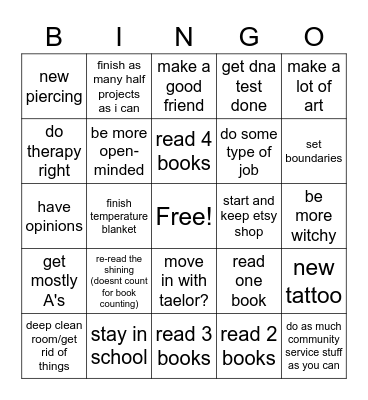 2022 Resolutions Bingo Card