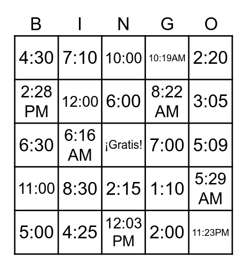 La hora = Time Bingo Card