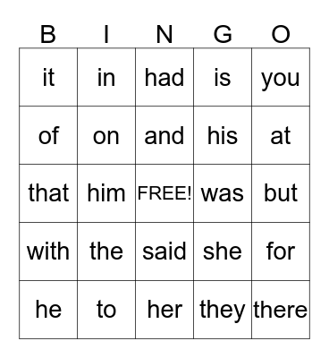 SIGHT WORDS Bingo Card