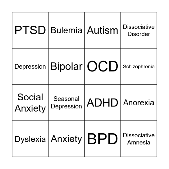 Mental illness bingo Card