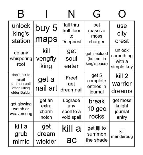 Hollow Knight Bingo Card