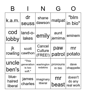 conservative "cancel culture" talking points Bingo Card